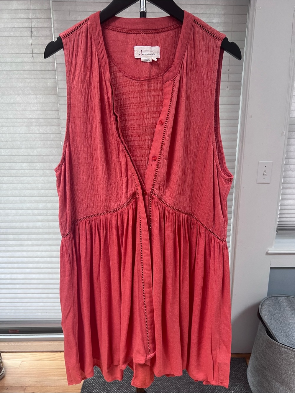 Anthropologie Coral Gauze Sleeveless Button Front Tunic Top Boho L